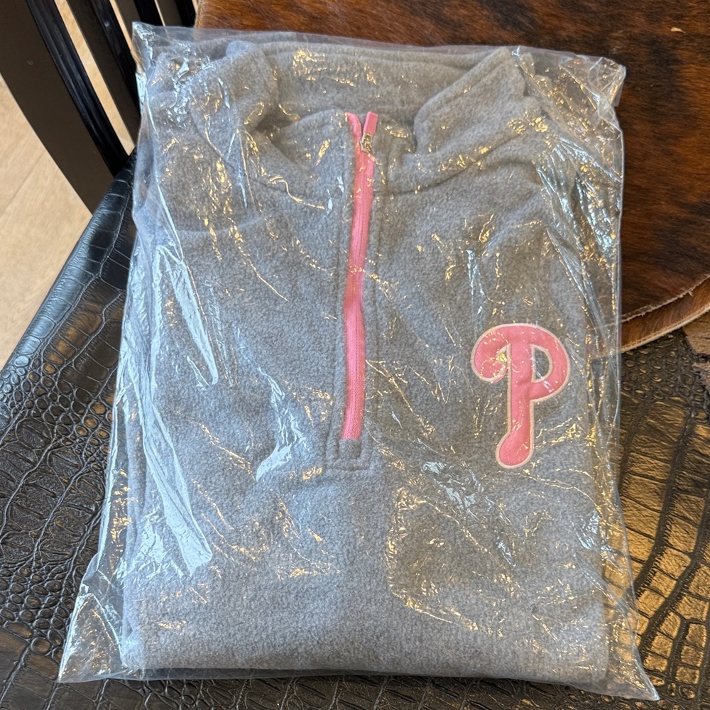 Gray Pullover with Pink 'P' Logo and Pink Zip